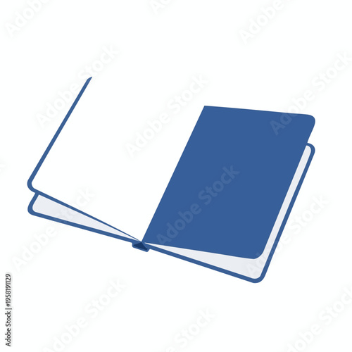 An open, minimalist, blue-covered book is displayed against a white background