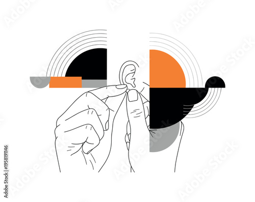 human hand inserting earring into ear abstract semicircles lines and geometric blocks symbolizing preparation and adornment black and white retro hand and ear