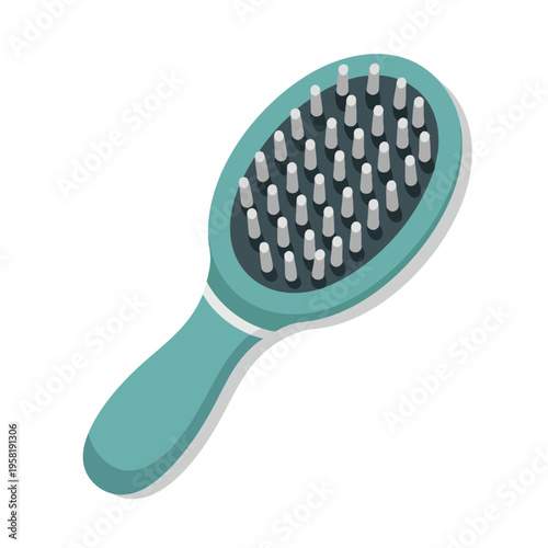 Oval turquoise hairbrush with white bristles and handle accents