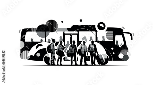 travelers boarding bus together, geometric circles lines and abstract shapes representing journey and shared experience, black and white retro realistic