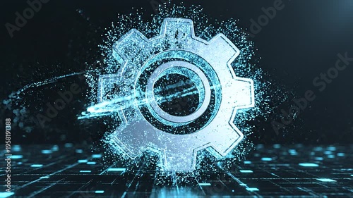 Futuristic holographic gear composed of glowing particles, digital rendering against dark grid background, symbolizing technology, engineering, automation, and cyber transformation in modern innovatio