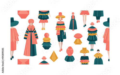 experimental couture fashion seamless pattern, models wearing futuristic garments, layered fabrics, oversized hats, geometric accessories and runway props