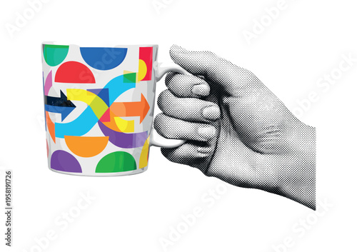 hand holding painted mug, geometric semicircles arrows and abstract shapes representing interaction and creativity, black and white retro realistic hand with