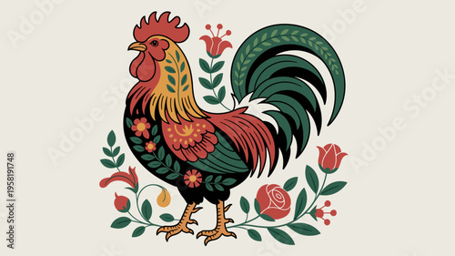 Ornate folk art rooster vector – Great for embroidery patterns, restaurant menus, or rustic interior design.