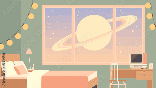 Lofi bedroom with Saturn window view – Ideal for study playlists, chillout music covers, or aesthetic wallpapers.