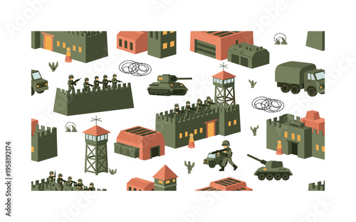 fortified base security seamless pattern, soldiers patrolling defensive walls, watchtowers, vehicles, barbed wire and military buildings arranged in