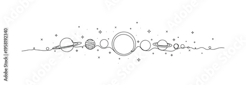 Planetary Cosmos. Minimalistic one-line drawing planets of various sizes aligned with stars scattered across space, continuous single black line on white
