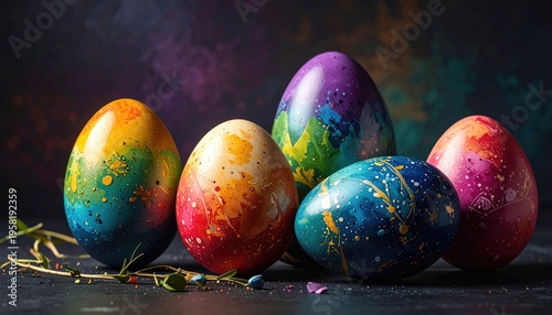 Multi-colored bright easter eggs on a dark background Easter symbol greetings Christ is risen Copyspace close-up