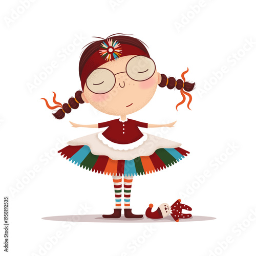 adorable cartoon girl in a whimsical folk inspired outfit with colorful patterned skirt, braids, glasses and closed eyes. soft textured illustration with a cozy handmade feel, perfect for childrens