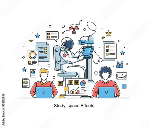 Studying Space Effects. Minimalistic one-line drawing astronaut seated inside spacecraft interacting with instruments studying cosmic radiation impact on