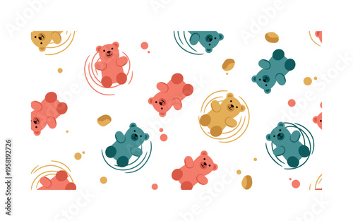 playful gummy bear candy world seamless pattern, cheerful gummy bears jumping and spinning in fun arrangements arranged in a repeating pattern, white