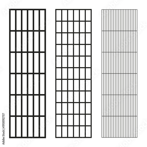 Metal grid set. Steel Vector fence. Prison bar pattern. Vertical lattice shape. Manual vector only. No autotrace used.