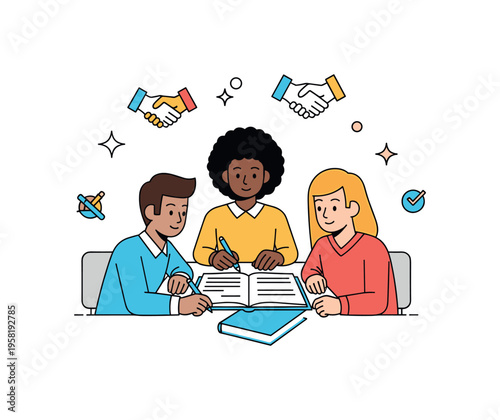 Collaborative learning in diverse classroom students working together around a shared notebook expressing cooperation and mutual support. Decorative sparkles
