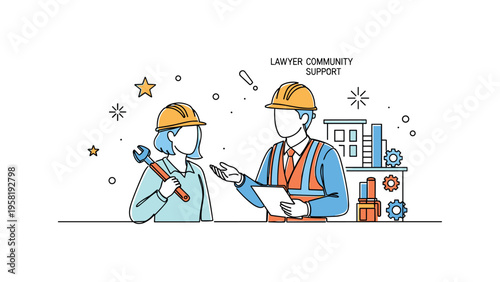 Lawyer Community Support. Minimalistic one-line drawing attorney listening attentively to a resident?s concern while providing advice, continuous single black
