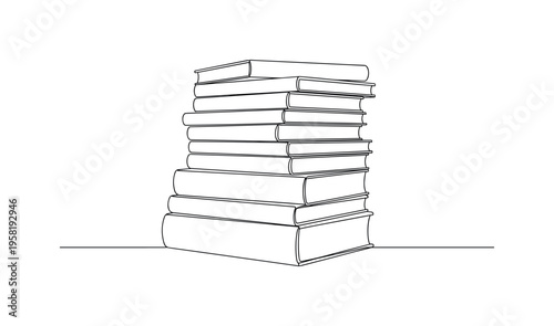 Stack of Books. Minimalistic one-line drawing neatly arranged stack of books representing learning and literacy, continuous single black line on