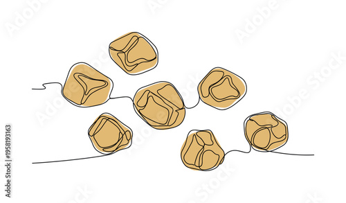 Gold Nuggets. Minimalistic one-line drawing irregular gold nuggets scattered together, continuous single black line on white background, simple outline style,