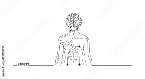 Stress and Body Health. Minimalistic one-line drawing brain with lines connecting to torso representing mental state affecting physical wellness, continuous