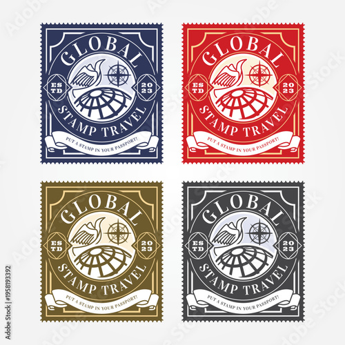 Editable creative travel logo template in a stamp shaped emblem