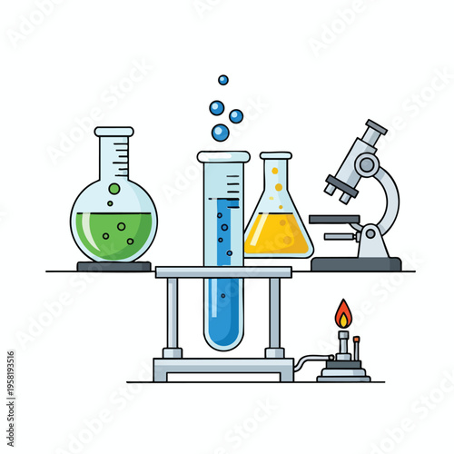Science lab setup with flasks, a test tube on a stand, a microscope, and a Bunsen burner
