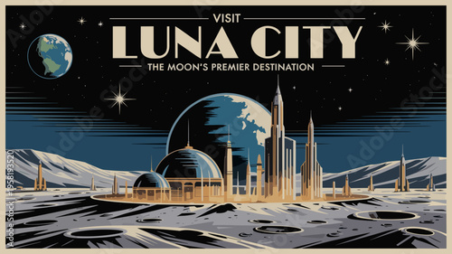 Vintage Luna City tourism advertisement vector - Ideal for nostalgic office decor, science fiction blogs, or mid-century modern interiors.