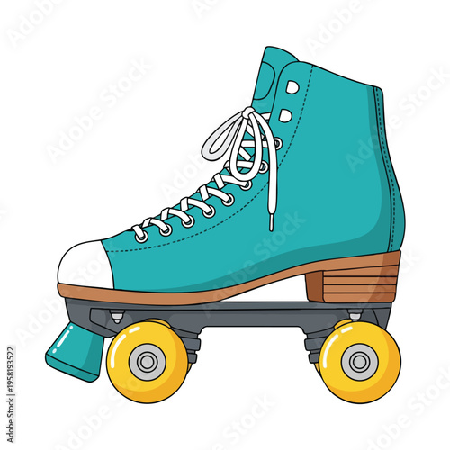 Teal roller skate with white laces and yellow wheels on a white background