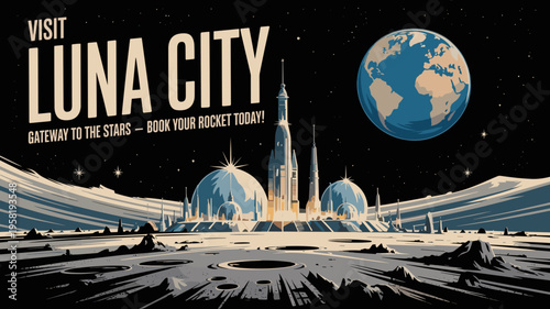 Space age Luna City vector travel poster - Suitable for sci-fi movie posters, imaginative branding, or futuristic history exhibits.