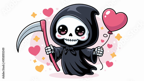Cute vector reaper with sparkling eyes - Suitable for social media avatars, quirky stationery, or lighthearted Halloween art.