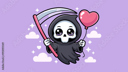 Sweet kawaii reaper mascot with pink scythe - Great for digital stickers, youth fashion, or iron-on patches.