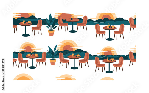 sunset coffee terrace seamless pattern, small cafe tables mugs sunset horizons plants and chairs arranged in a repeating pattern, white background with warm
