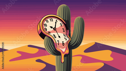 Modern surrealist melting clock illustration - Suitable for cover art, conceptual marketing, or artistic merchandise.