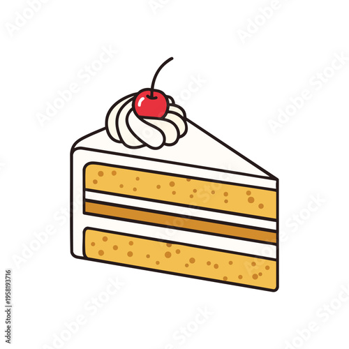 Slice of vanilla cake with cream, cherry, and yellow dots on white background
