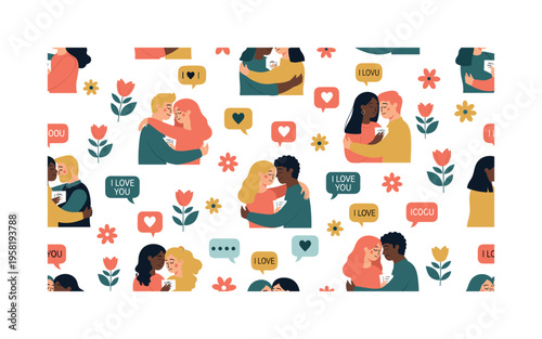 emotional intimacy seamless pattern, partners hugging, exchanging notes, hearts, flowers and speech bubbles arranged in a repeating pattern, white background