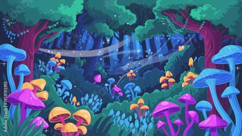 Enchanted woodland vector with luminescent flora – Suitable for dream-themed branding, meditation app visuals, or fairytale posters.