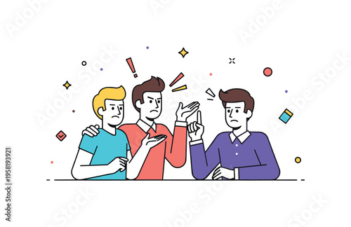 Friends arguing with animated gestures and subtle symbols like exclamation marks and tiny scattered objects, showing conflict but still maintaining a friendly,