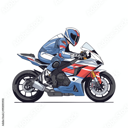 A stylized, illustrated image of a motorcycle racer in a blue and red suit, on a sport bike