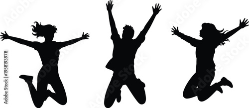 Happy jumping people silhouette set, excited men and women celebrating success isolated vector illustration