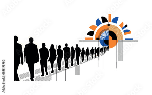 line of travelers walking toward large geometric sun abstract semicircles lines and blocks symbolizing shared destination black and white retro human