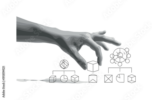 hand placing building blocks, geometric cubes lines and circular diagrams representing company building process, black and white realistic hand assembling