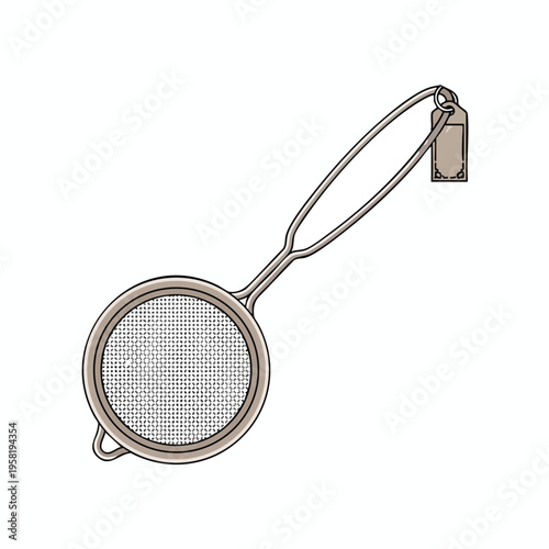 Small mesh sieve with long handle and hanging tag, kitchenware detail