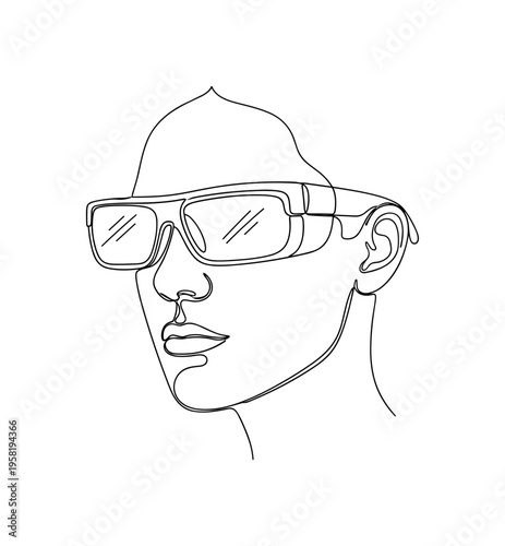 Smart Glasses. Minimalistic one-line drawing person wearing augmented reality smart glasses as a wearable device, continuous single black line on white