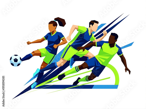Minimalist flat vector illustration of diverse soccer players in dynamic action sports graphic
