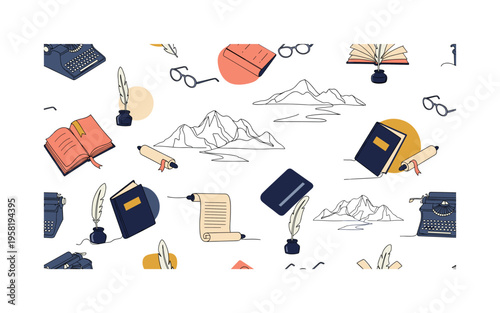 literary creativity seamless pattern, open books, quills, ink pots, scrolls, typewriters, glasses and bookmarks arranged in a repeating pattern,