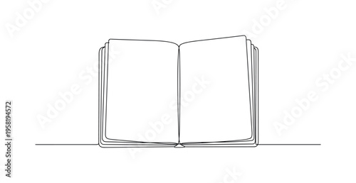 Open Journal. Minimalistic one-line drawing open notebook with blank or lined pages spread, continuous single black line on white background, simple outline