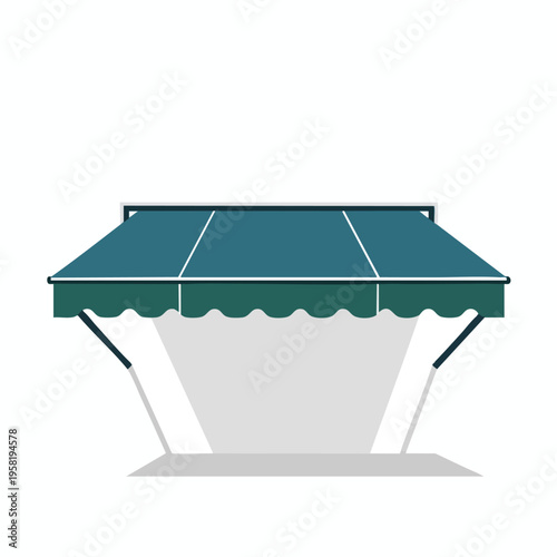 Teal awning with scalloped edge casts shade on a light gray wall