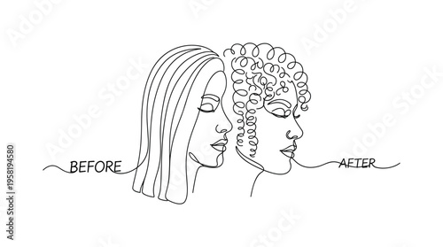 Before and After Perm. Minimalistic one-line drawing profile showing straight hair transforming into curly hair after perm, continuous single black line on