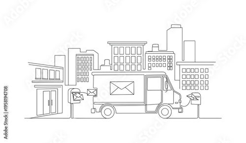 Urban Mail Delivery. Minimalistic one-line drawing mail truck driving past buildings delivering letters, continuous single black line on white background,