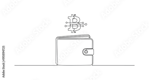 Crypto Wallet Symbol. Minimalistic one-line drawing Bitcoin symbol above stylized wallet representing storing cryptocurrency, continuous single black line on