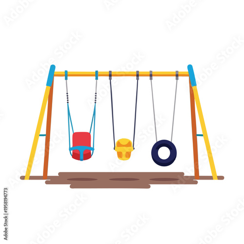 Colorful swing set with toddler seat, bucket seat, and tire swing
