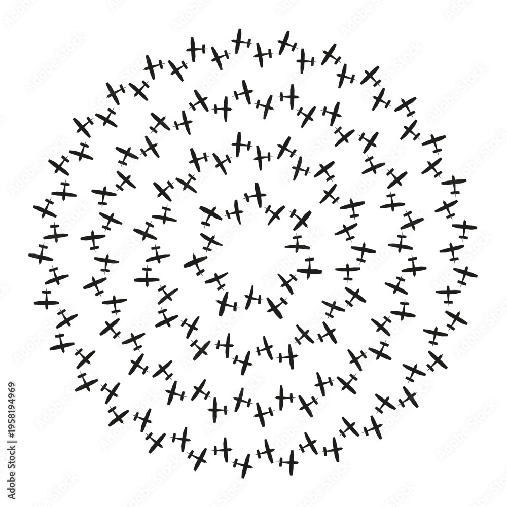 Obraz premium Flying planes circle. Aviation Vector pattern. Air transport set. Spiral flight path. Manual vector only. No autotrace used.