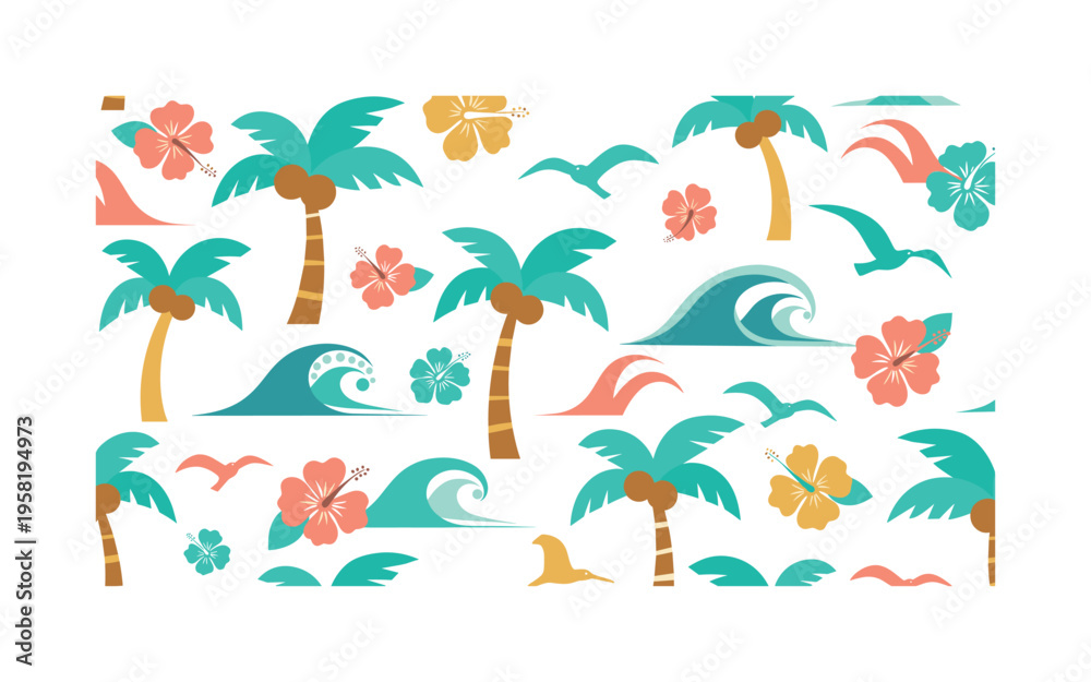 Obraz premium beach palm pattern seamless pattern, palm trees, coconuts, sun, ocean waves, birds and hibiscus flowers arranged in a repeating pattern, white background with